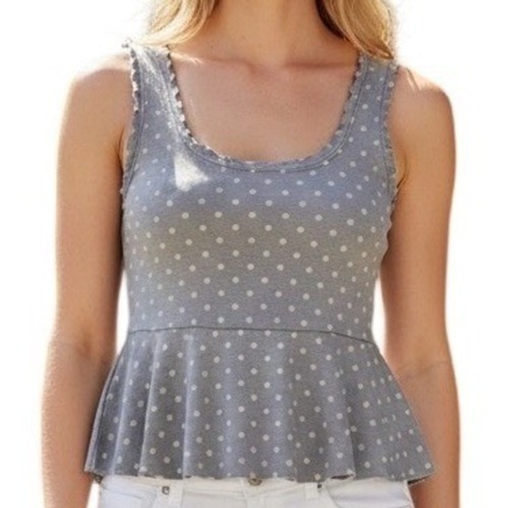SWEET PEA by Stacy Frati Gray Polka Dot Mesh Peplum Tank Top XS
